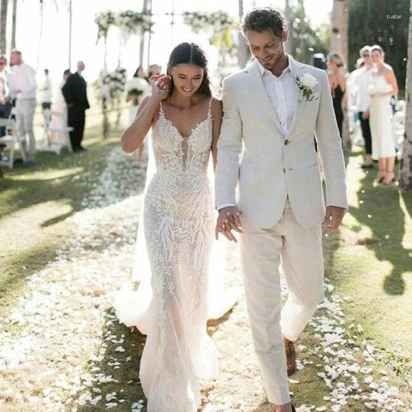 Herrenanzüge Leinen Strand Hochzeit Smoking Slim Fit Anzug für den Sommer 2 Stück formelle Kleidung des Bräutigams männliche Modejacke mit Hosen 2024