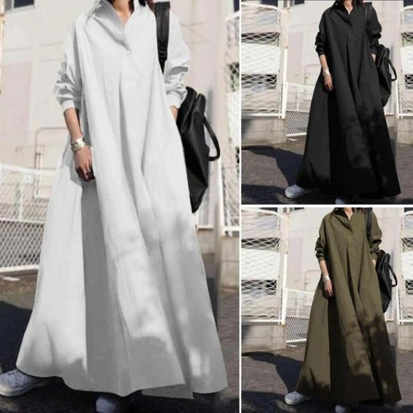 Vestidos casuais senhoras algodão vestido de linho elegante camisa feminina com decote em v streetwear para primavera outono com mangas compridas ajuste solto