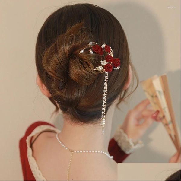 Grampos de cabelo Barrettes Red Rose Tassel Hairpin U-Shaped Childrens Antigo Estilo Chinês Brinde Nupcial Vestido Acessórios de Cabelo para Wome Otmlx