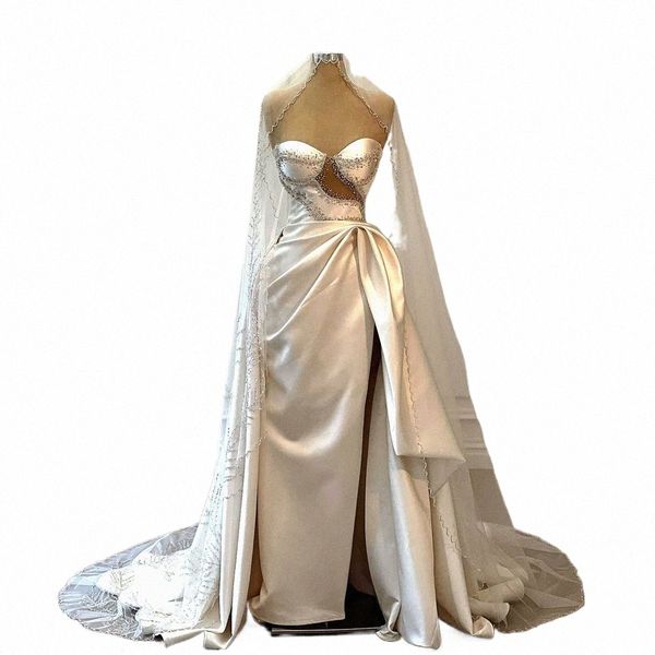 Echte Fotos Satin Perlen Hochzeit Dres mit Schleier Hübsche Strapl Spitze Applikationen Meerjungfrau Braut Dr Seitenschlitz Prom Party Kleid C3om #