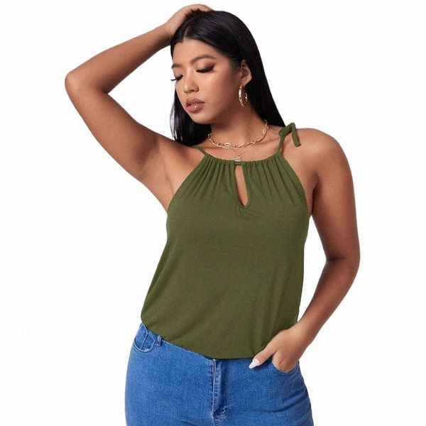 Plus Size Sexy Hater Neck Verão Casual Top Mulheres Keyhole Frt Tie Detalhe Trabalho Escritório Tanque Cami Feminino Tamanho Grande Blusa de Praia G5yE #