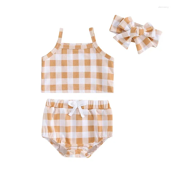 Set di abbigliamento Pudcoco Born Infant Baby Girl Abiti estivi a coste Plaid senza maniche Crop Cami Bloomer Shorts Fascia per capelli Set Outfit 3 pezzi 0-18 M