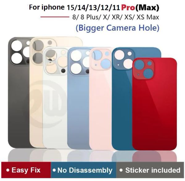 2024 OEM Big Hole Back Glass Counts для iPhone 15 14 13 12 11 Pro Max 8 8plus x xr xs Аккумуляторная крышка задней крышки с наклейкой