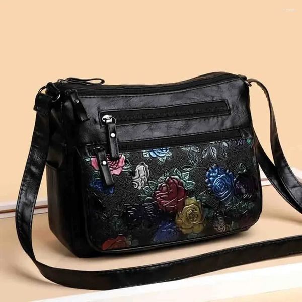 Bolsa de ombro feminina luxuosa de couro macio, bolsa carteiro e flores, multibolso, bolsa crossbody para mamãe, 2024