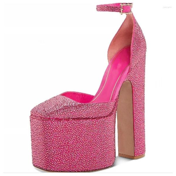 Модельные туфли Туфли-лодочки на массивном каблуке с блестящими кристаллами, женские туфли-лодочки на массивном каблуке со стразами, розово-красная пряжка, сексуальные роскошные свадебные туфли для подиума, блестящие туфли