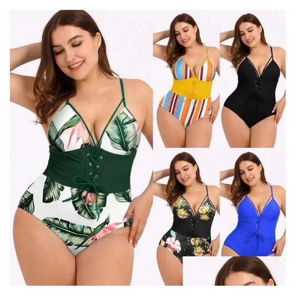 Conjunto de biquínis verão y ins novas mulheres bodysuit praia swimwear maiô plus size impresso espartilho um pedaço maiô para menina gorda gota dhcyh