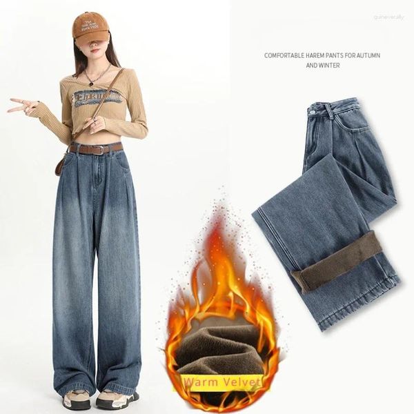 Jeans femininos moda y2k mulheres cintura alta azul para soltar baggy vintage veludo calças espessadas pantalones