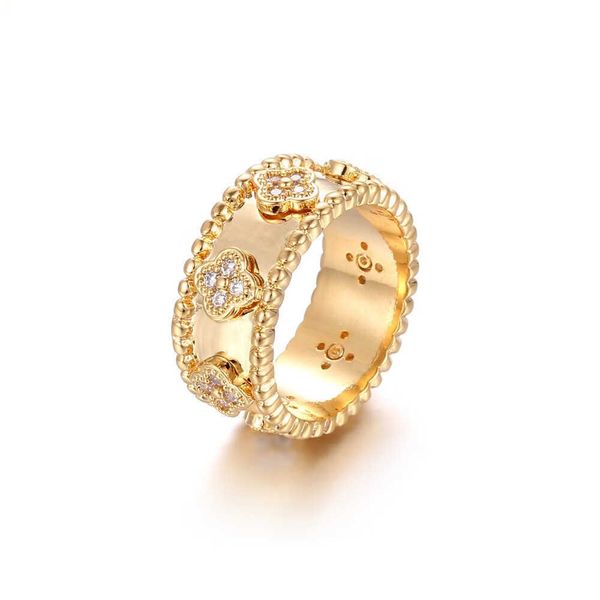 Designer van caleidoscópio casal anel feminino s925 prata esterlina banhado 18k ouro estreito largo quatro folhas grama full diamante peça de mão zd6b