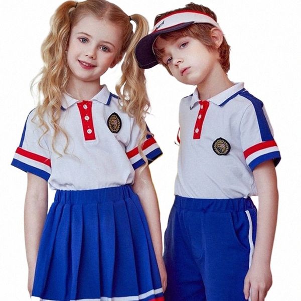 Verão novas crianças uniformes escolares de manga curta 2pcs roupas esportivas meninas camisa com saias plissadas meninos camisa com shorts p7mB #