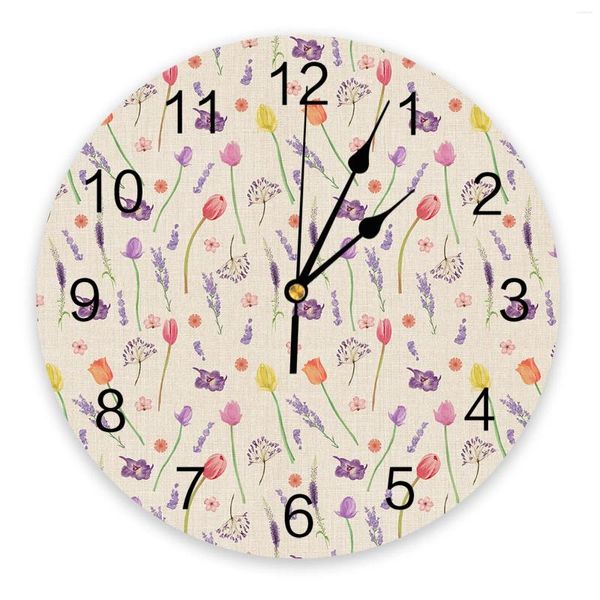 Orologi da parete Tulipano Lavanda Pianta Orologio Design moderno Adesivi Decorazioni per la casa Soggiorno Orologio digitale per camera da letto