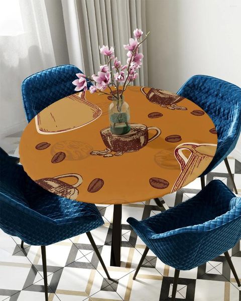 Toalha de mesa redonda, copo de grãos de café, marrom, cobertura elástica, uso interno e externo, à prova d'água, acessórios de decoração de jantar