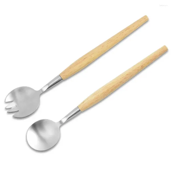 Set di posate Set di forchette cucchiaio in acciaio inossidabile Manico in legno di gomma antiscivolo Cucina di casa Ristorante Stoviglie Verdure