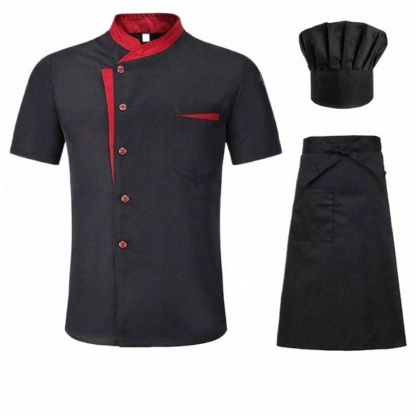 Manica corta Giacca da cuoco Set Hotel Cucina Divisa da lavoro Cuoco Ristorante Cucina Camicie + Cappello + Apr Abiti da cuoco per uomo Donna T4S6 #