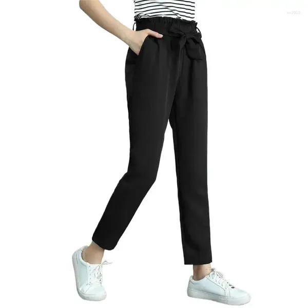 Calças femininas elásticas cintura alta preto harem mulheres verão casual plus size senhora trabalho chiffon calças moda coreana pantalones