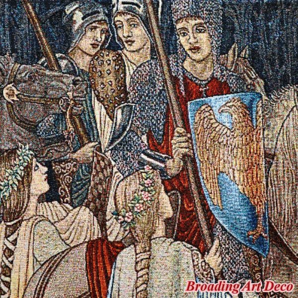 L'armatura e la partenza del muro di arazzi medievali Knights sospeso William Morris Holy Grail Tapestri