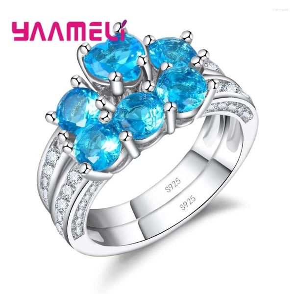 Anéis de cluster romântico glamouroso oceano azul flor forma anel de noivado jóias de casamento 925 prata esterlina para mulheres presente de menina