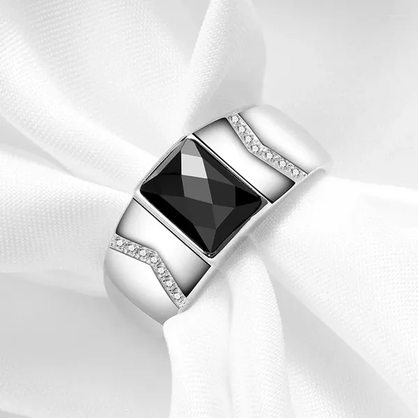 Anéis de cluster Anel de ágata preta S925 chapeamento de prata branco ouro incrustado abertura ajustável jóias finas