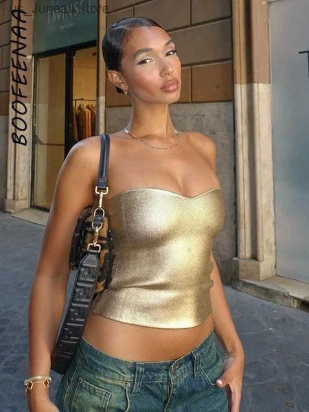 Damen Tanks Camis BOOFNAA Y2k Strtwear Metallic Tube Top Gold Silber Schwarz Vintage Sexy Crop Tops Frauen Clubbing Outfits C85-BZ10 T240330