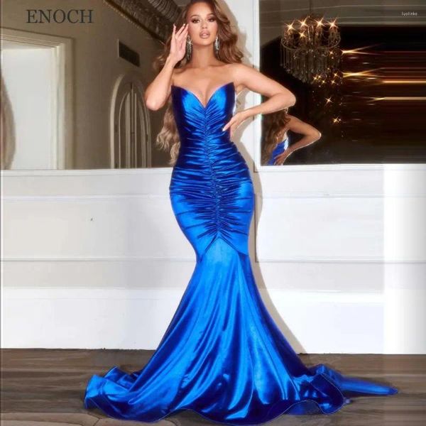 Partykleider ENOCH Sexy V-Ausschnitt Meerjungfrau Abend Plissee Ärmellos Satin Formale Kleider Open Back Vestidos de Gala für Frauen Sweep Zug