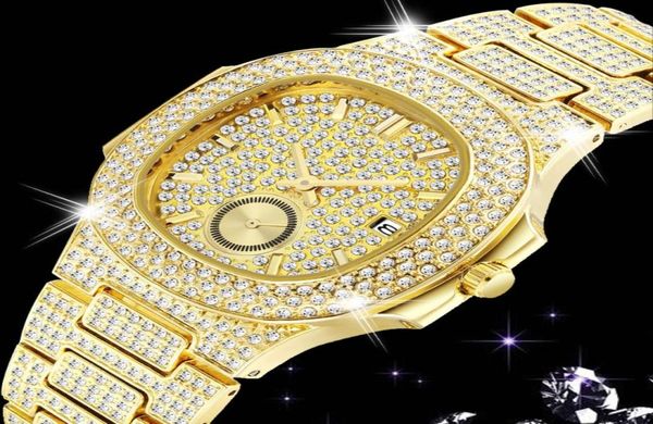 Classico orologio in oro 18 carati da uomo di lusso ghiacciato con diamanti pieni di diamanti Orologi da uomo in acciaio pieno moda orologio al quarzo uomo CZ Hip Hop Reloj Hombre9996914