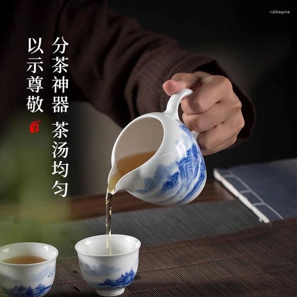 Teegeschirr-Sets, Jingdezhen, handbemalte Landschaft, Keramik, faire Tasse, einzelne integrierte blaue und weiße Porzellan-Teekanne mit Seitengriff, Haushalt