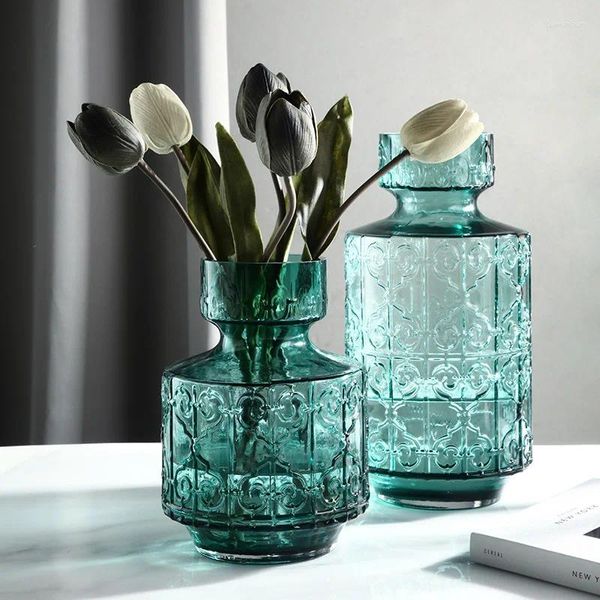 Vasi Decorazione floreale in vaso di vetro goffrato retrò americano in contenitore idroponico blu trasparente