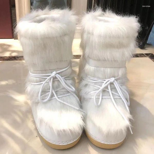 Botas 2024 Inverno Neve Mulheres Ski Fluffy Peludo Lace Up Plataforma Média Bezerro Flat com Moda Branca Botas Mujer