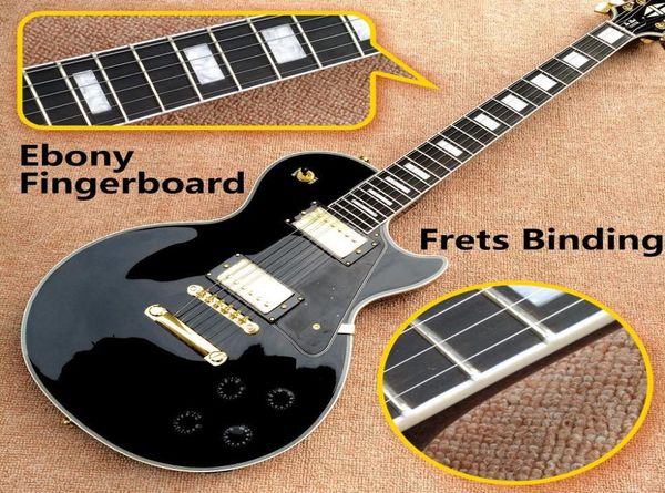 Intero Top Quality LP Custom Shop Colore nero Chitarra elettrica Tastiera in ebano Tasti vincolanti Hardware dorato4601374