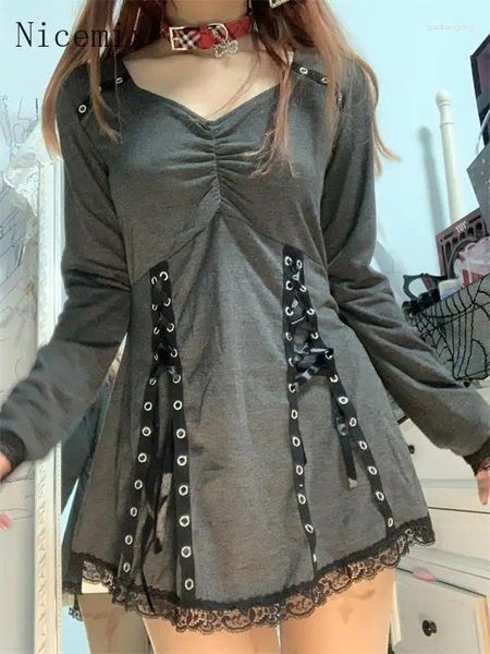 Повседневные платья Y2K Spicy Girl Готический панк-стиль с v-образным вырезом и длинными рукавами для женщин Весеннее кружевное платье трапециевидной формы с перекрестной завязкой