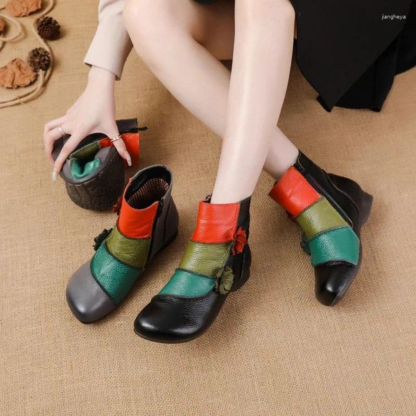 Stiefel Xiuteng Winter Niedriger Absatz Kuhmuskelsohle Kurzer Knöchel Ethnischer Stil Blumenfarben Echtes Leder Damen Boo