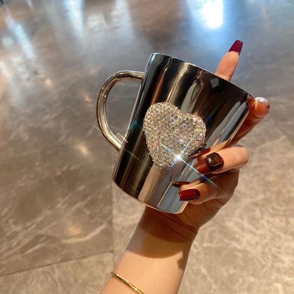 Tazze Tazza da caffè Bling con cuore di strass Doppia parete Tazza in acciaio inossidabile 304 Bicchiere da viaggio portatile da 300 ml Acqua per tè al latte