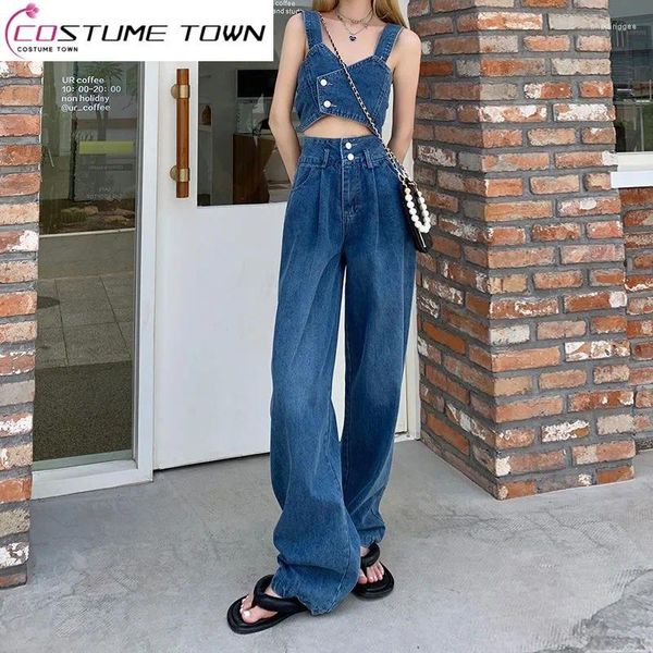 Damen Zweiteilige Hose 2024 Frühjahr/Sommer Koreanische Ausgabe Jeans Unregelmäßiges Top Tank Retro-Stil Hose mit weitem Bein Set Mode