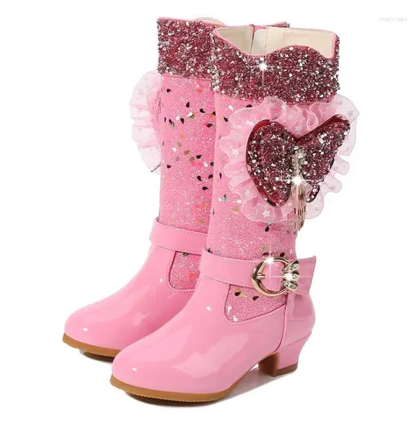 Stivali da principessa per ragazze, scarpe con tacco alto a farfalla in abito tutù, per bambini, impermeabili, con paillettes, fondo in gomma traspirante, moda invernale