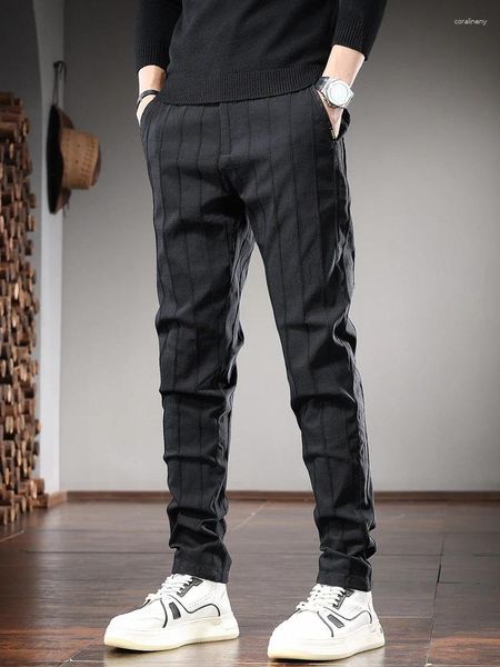 Calças Masculinas Listras Moda Casual Estilo Coreano Preto Slim Fit Calças Retas