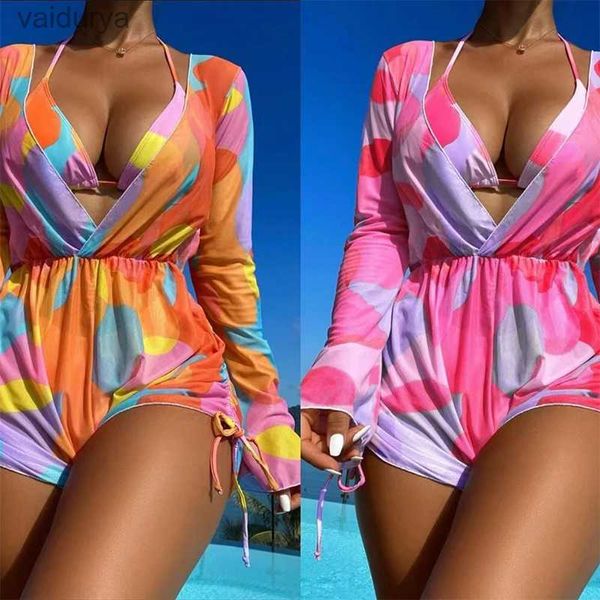 Roupa de banho feminina 3 peças conjunto biquinis das mulheres maiô halter cordão de manga comprida cover ups feminino maiô beachwear yq240330