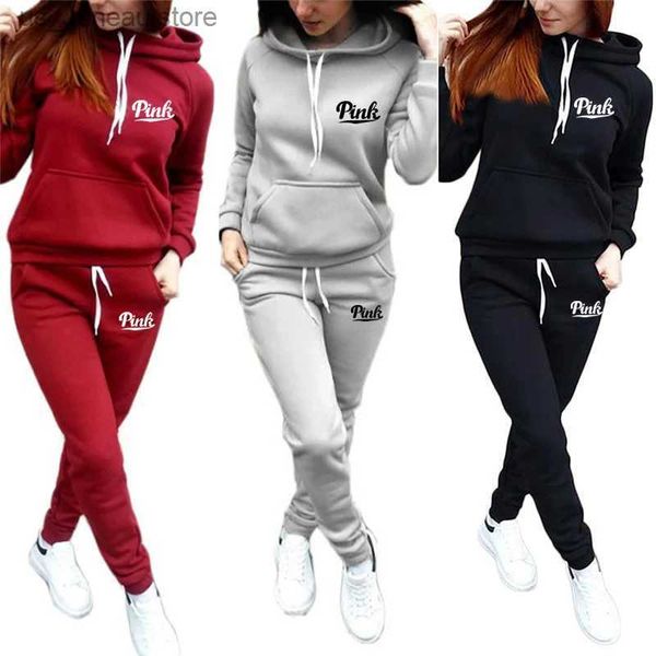 Kadınlar İki Parçalı Pantolon Trailtsits Kadınlar Sıradan Sıcak Suit Hoodies Sweatpants Sonbahar Kış Kazak Sweatshirts Pantolon Sports Suit İki Parça Setleri T240330