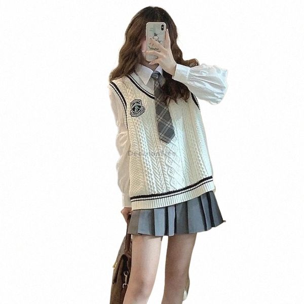 2024 dreiteilige neue koreanische Art JK-Uniform süßer lässiger Stil Ärmelstrickweste Bluse kurzer Faltenrock Uniform-Set W94 c1RC #