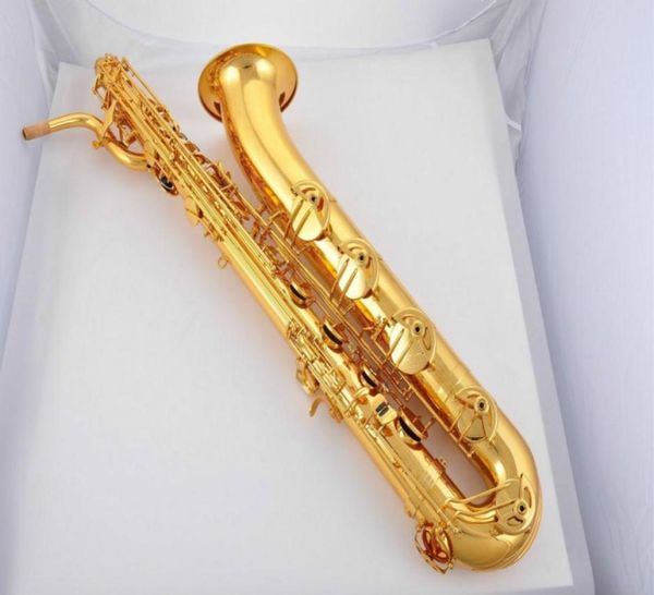 Novo saxofone barítono sem marca, laca dourada de latão, pode personalizar logotipo, instrumentos de saxofone e sax plano com boquilha de lona cas6100029