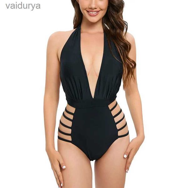 Costumi da bagno delle donne 2024 nuove donne sexy halter scollo a V bikini costume da bagno tinta unita design senza schienale senso di un pezzo in magazzino yq240330