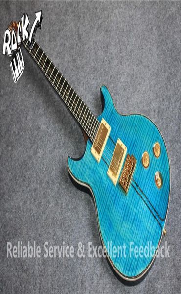 Personalizado 24 Estoque Privado Santana Blue Tiger Flame Maple 25º Aniversário Guitarra Elétrica Ebony Fingerboard Abalone Binding Birds 9816712