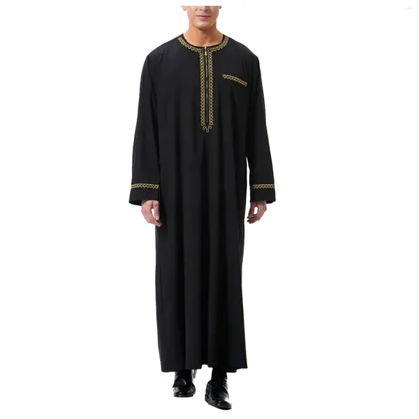 Herren-Freizeithemden, muslimisches Kleid, Robe, arabischer Mittel-Langarm, bestickte Tasche, Hemdmantel, Gebetskleidung