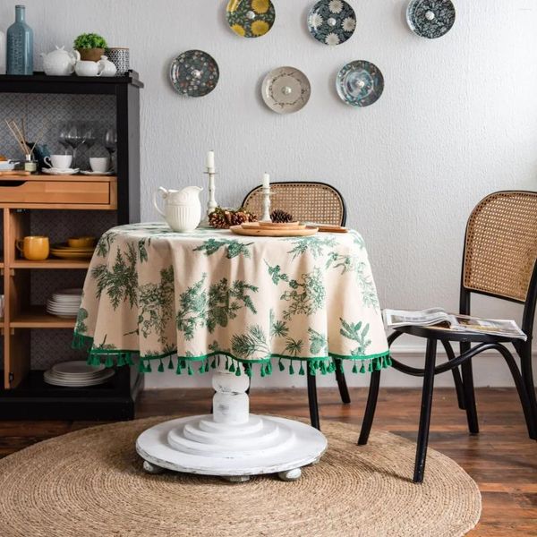 Toalha de mesa redonda 150cm restaurante algodão linho verde pinheiro impresso toalha de mesa capa à prova de poeira decoração para casa ins