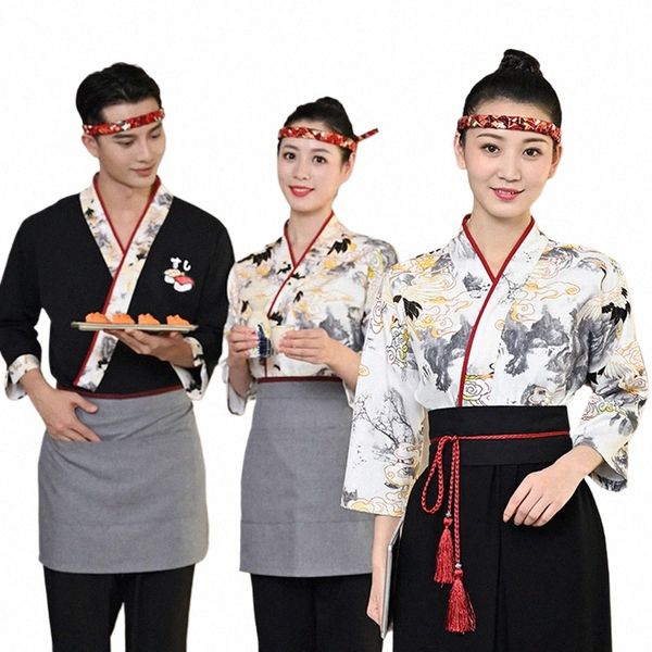 Homens Mulheres Japonês Kimo Izakaya Chef Jaquetas Abril Imprimir Guindaste Cozinha Sushi Comida Cozinhar Tops Camisa Restaurante Garçom Uniforme D1fD #