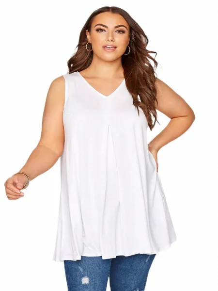 Plus Größe Elegante Fi Sommer Sleevel Swing Weste Bluse Frauen Weiße Tunika Plissee Flare Hemd Große Größe Tank Tops 7XL 8XL p0uO #