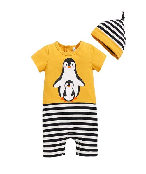 W444 Infant Baby Pinguin Strampler Kinder Streifen Patchwork Onesies Kleinkinder Klettern Kleidung Kind Mädchen Jungen Babys Strampler mit Hut4746196