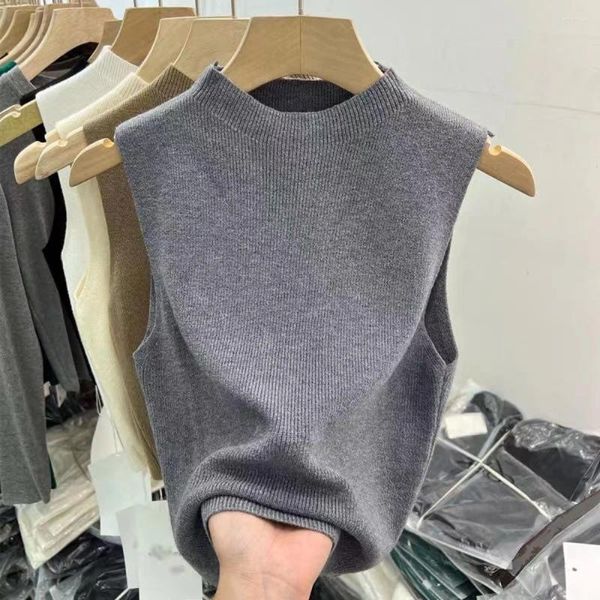 Женские майки 2024, женский свитер для девочек, вязаные укороченные однотонные теплые футболки, топы, майка, футболка, полуводолазка с круглым вырезом