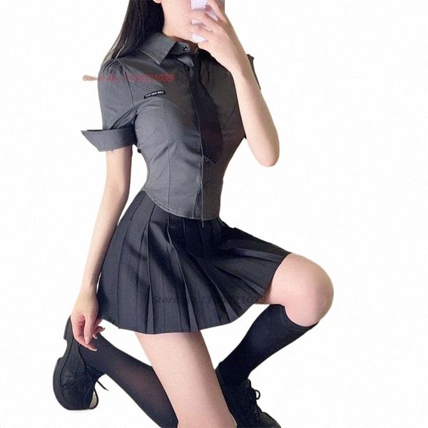 2024 uniforme giapponese coreana hot girl abito a maniche corte femminile stile college colletto blu scuro gonna a pieghe jk set a due pezzi Y3NT #