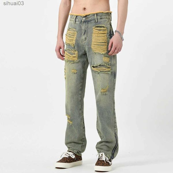 Мужская джинсовая одежда для уличной одежды Удаление конических джинсов, мытье джинсов, разбивая лодыжки, молнии слабы