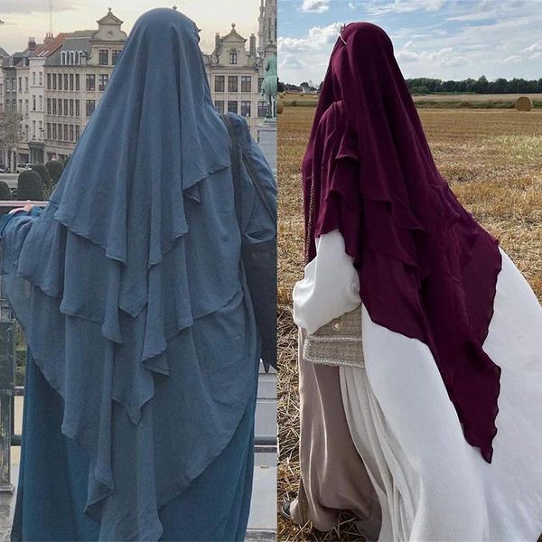 Roupas étnicas 2024 Muçulmano Khimar Três Camadas Ruffles Hijabs Dubai Turquia Árabe Mulheres Turbante Islâmico Headdress Scrafs Oração Vestuário