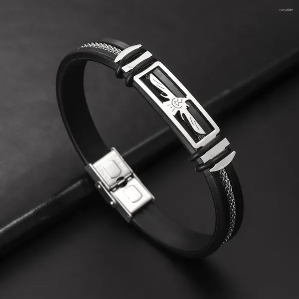 Pulseira de aço inoxidável pulseira masculina faixa de pulso preto sulcado leme silicone malha link inserção punk pulseira elegante casual